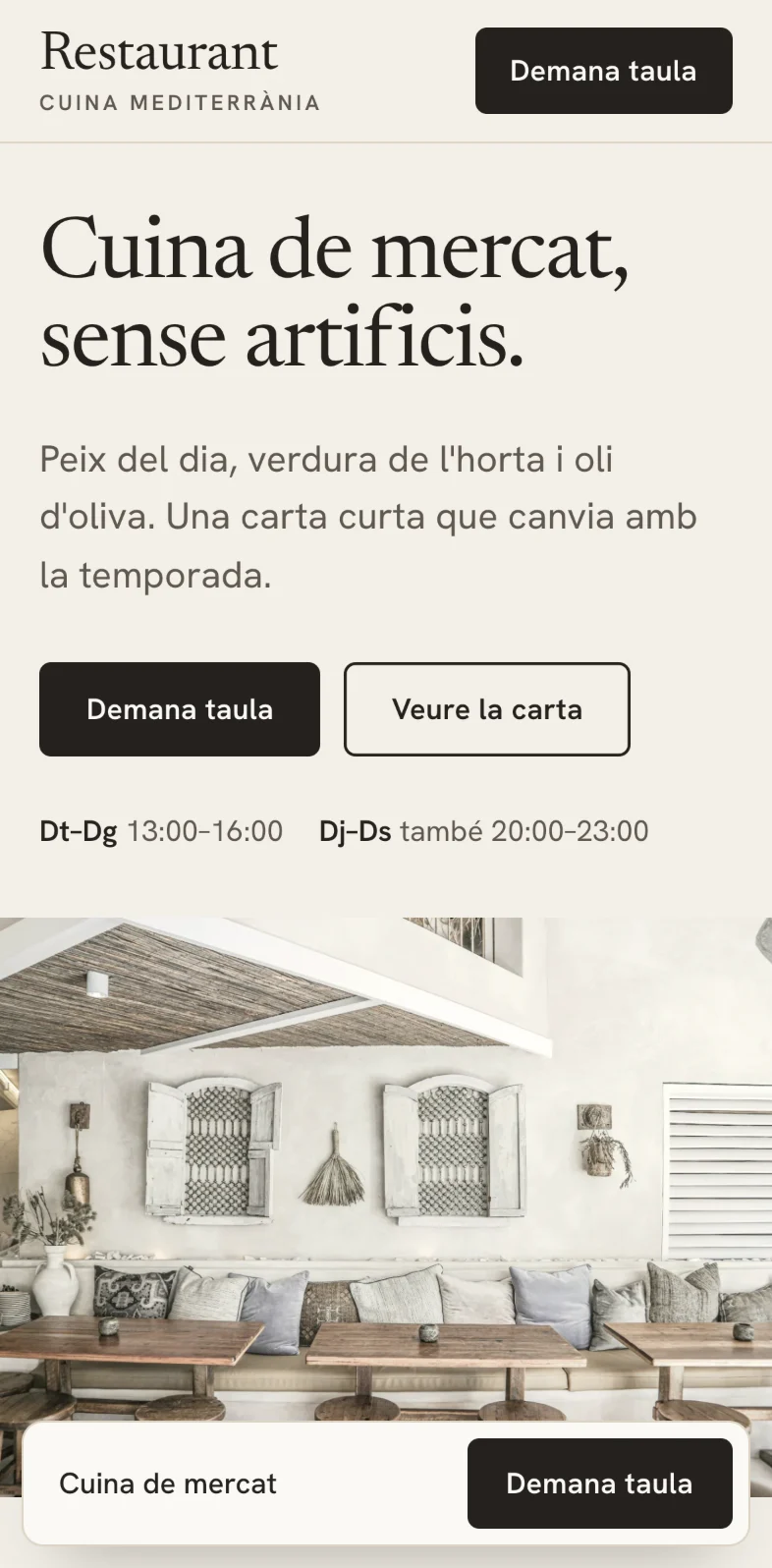 El concepte de restaurant al mòbil: la portada, la carta i el botó «Demana taula».